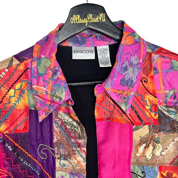 Chico's Pink Purple Patchwork Sequin Beads Embroidered Silk Blend Jacket M - Picture 11 of 11